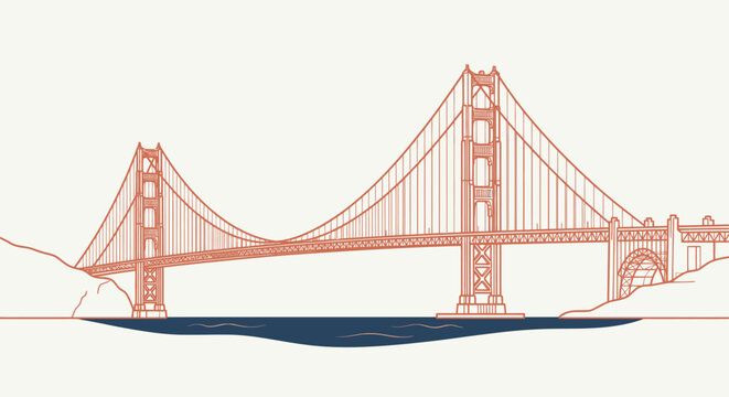 Minimalist flat vector line art illustration of the Golden Gate Bridge in San Francisco. Features international orange suspension bridge towers and cables over dark blue water on a clean background.