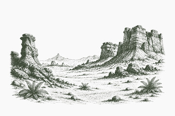 Fototapeta premium Detailed line art desert rock formation vector illustration featuring towering sandstone mesas, rugged terrain, and an expansive natural wilderness landscape