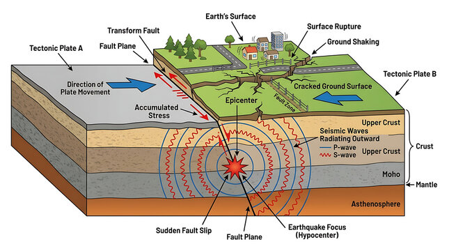 Scientific Diagram of Earthquake Mechanism Showing Tectonic Plate Movement, Hypocenter and Seismic Waves