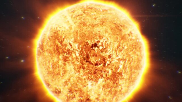 Zoom out Cinematic Revealing Glowing Full Sun Star with Burning Plasma Surface for Solar Power Concept.