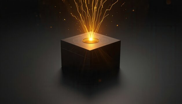 Golden particle explosion from top of dark geometric cube with explosion abstract geometric breakthrough innovation particle fireworks creative conceptual technology performance intensity