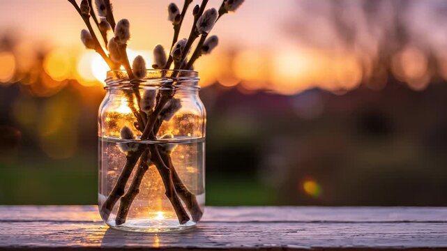 Close-up of pussy willow branches in a glass jar of water on a rustic wooden table at sunset. Warm golden hour light highlights the soft catkins. Concept of spring, new beginnings, nature awakening