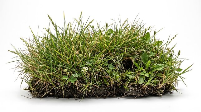Lush green grass clump with soil, roots, weeds, and tiny clover flowers isolated on a solid white background, showcasing natural organic texture.