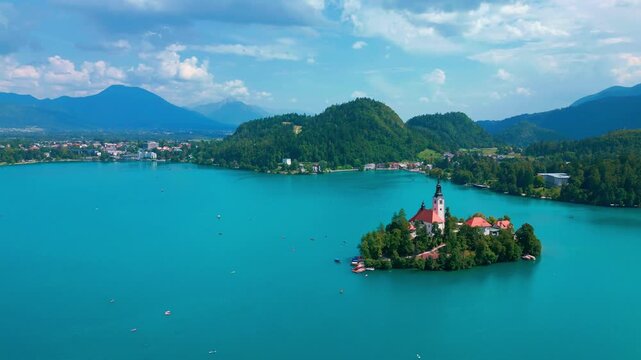 Drone view of Lake Bled island with Church of the Assumption, Slovenia