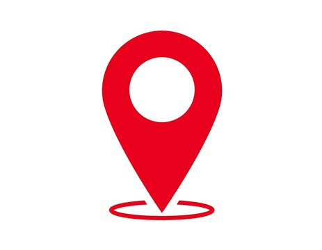 A red map pin icon with a circular cutout and a red circle underneath on a white background