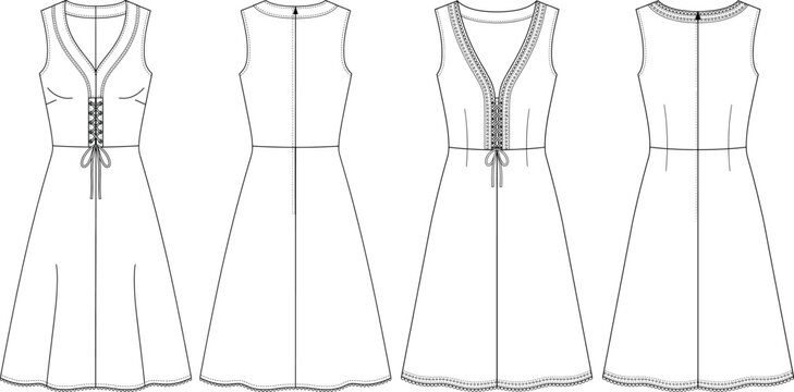 Sleeveless deep V neck mini dress flat sketch featuring lace up front bodice detail and A-line flared skirt for fashion tech pack vector illustration