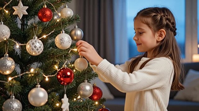 Young girl with braided hair decorates Christmas tree with ornaments, showcasing a joyful holiday spirit in a cozy living room setting with soft lighting