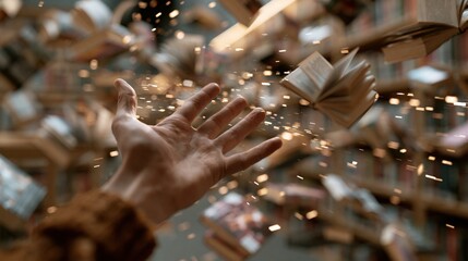 Obraz premium Open hand reaching towards flying books and glowing particles in a library.