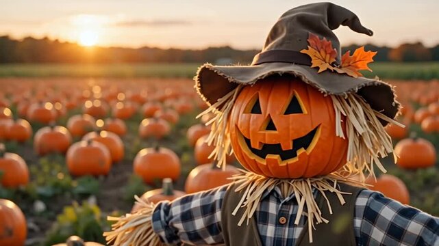Scarecrow with pumpkin head wearing a hat and plaid shirt stands in a pumpkin patch at sunset, surrounded by numerous pumpkins in a vibrant autumn landscape