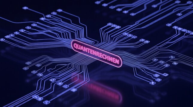 Leuchtender Neon Schriftzug Quantenrechnen auf pinkem Label mit blauen Leiterbahnen als Netzwerk in Halbtotale