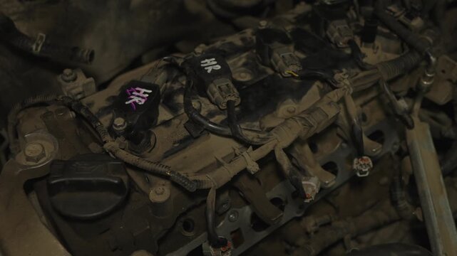 A dusty car engine valve cover with ignition coils and connected wiring harness.