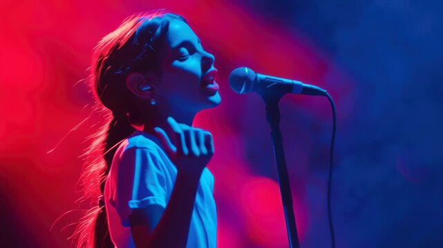 Young girl sings on stage with microphone and colorful lights