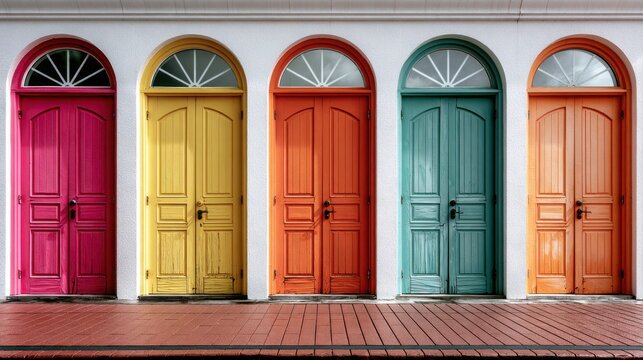 Colorful arched doors in a row. Bright urban exterior design concept.