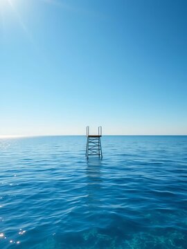 Serene diving board stands alone above calm ocean waters reflecting bright blue sky, peaceful, sunlight