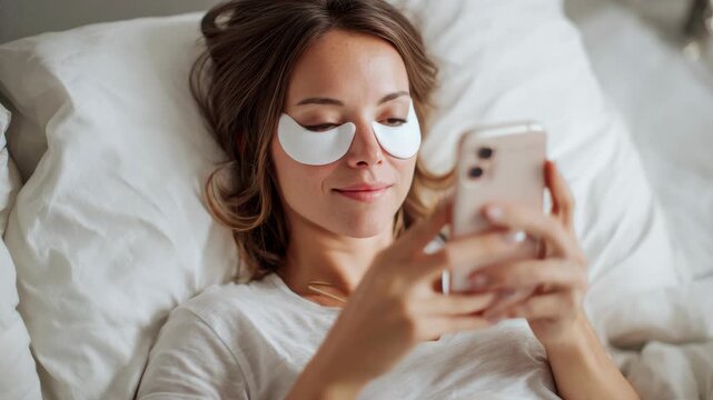 Woman lies on bed, eyes covered with pads. She holds phone, smiling gently. Soft lighting highlights her calm expression. White bedding frames the relaxed scene. Casual, intimate, restful atmosphere