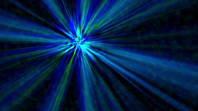 Abstract blue and green light rays bursting, dynamic hyperspace warp tunnel background, effect