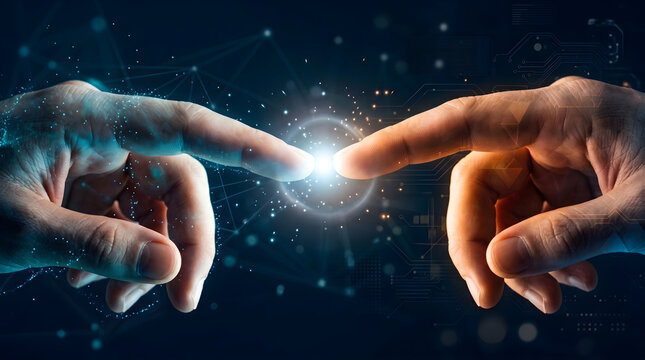Human fingers reaching touching each other with glowing digital energy spark circuit network connection futuristic technology artificial intelligence concept 3D render illustration