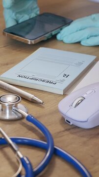 Online Prescription Renewal Workflow with Telemedicine Healthcare App. Vertical shot