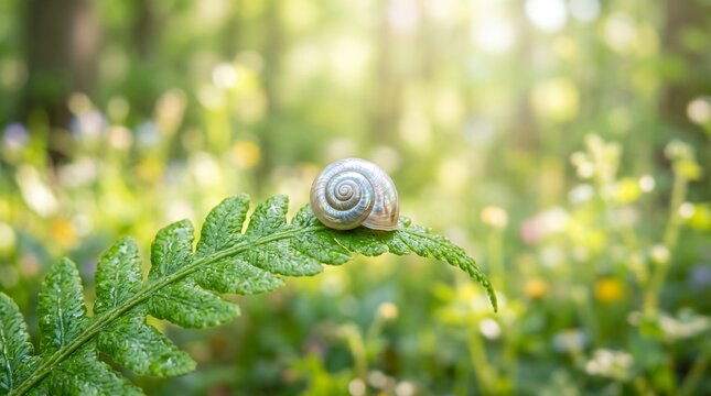 Small snail shell resting on green fern leaf in sunny forest morning