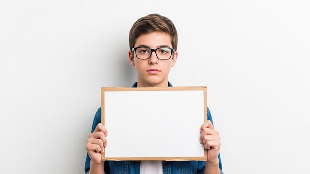 Portrait of a teenage boy wearing glasses holding a blank white board for custom text or message over light background