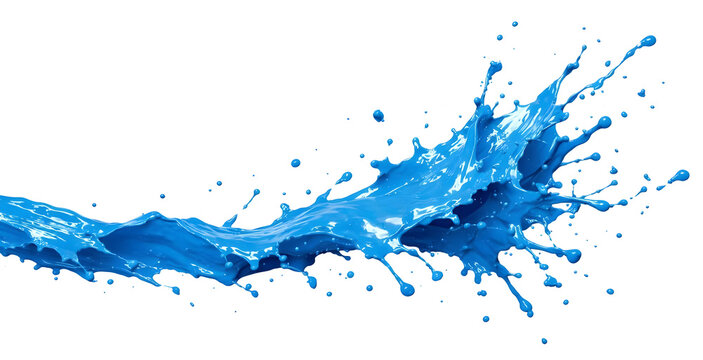 Blue paint making big horizontal splash and flying drops isolated