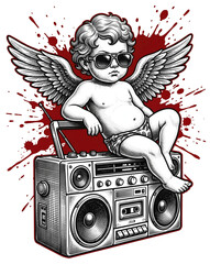 Obraz premium Streetwear designers seeking retro hip-hop vibes obtain a cool cupid cherub with sunglasses on boombox splatter transparent background apparel print in an edgy engraving tattoo style