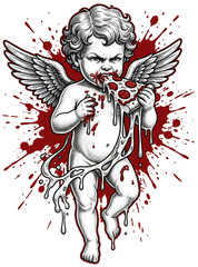 Obraz premium Messy hungry cupid cherub eating pepperoni pizza slice with red splatter on transparent background apparel print brings edgy gothic tattoo style to alternative streetwear fashion merchandise
