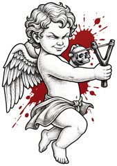Fototapeta premium Alternative streetwear trend demands edgy apparel prints, solved by a gothic cupid slingshot skull angel tattoo graphic art on transparent background in a stippled retro engraving style