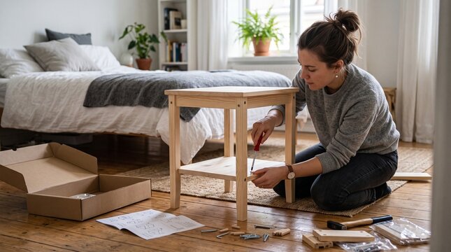 Woman assembling flat pack furniture in bedroom with instructions and tools scattered around her