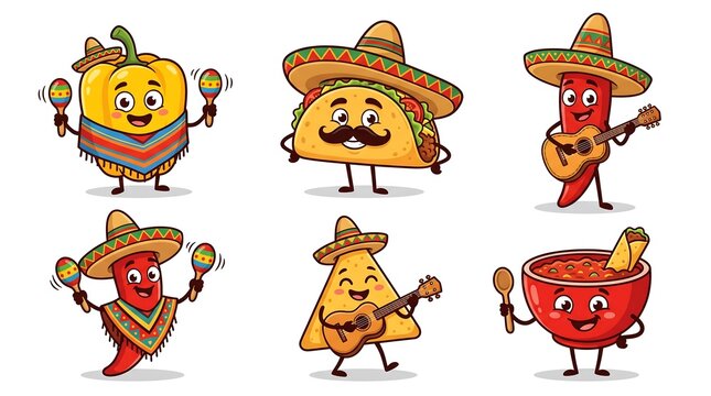 A cheerful set of Mexican food cartoon characters wearing sombreros, playing guitars, shaking maracas, and celebrating vibrant Mexican culture on a clean white background.