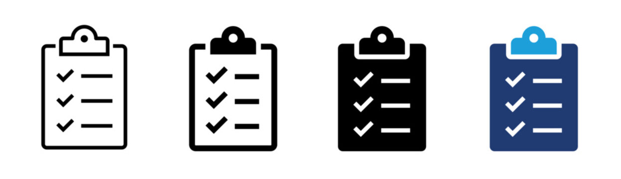 Clipboard icon set. Checklist, checkmark, document, paper, test, tasks, checkbox, clip board symbol on white background - stock vector.