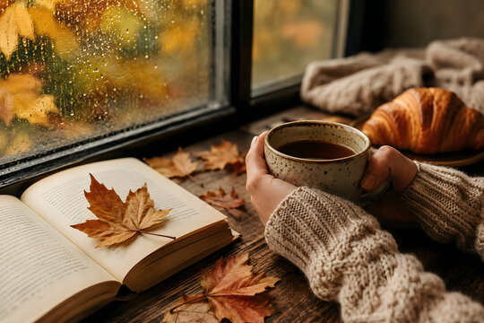 Cozy autumn morning by a rain-covered window with hands holding a warm cup of coffee, open book, fallen maple leaves and fresh croissant on a rustic wooden table, hygge lifestyle, seasonal comfort.
