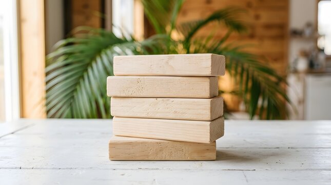 Stack of five natural wooden blocks on a white table with a blurred interior and plant background representing growth and stability.