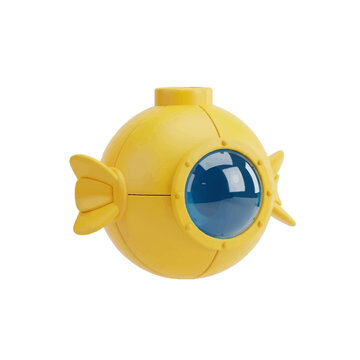 3D Yellow Submarine Cartoon Icon with Porthole Isolated on White