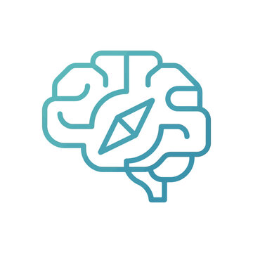 Human brain with navigation compass needle icon.