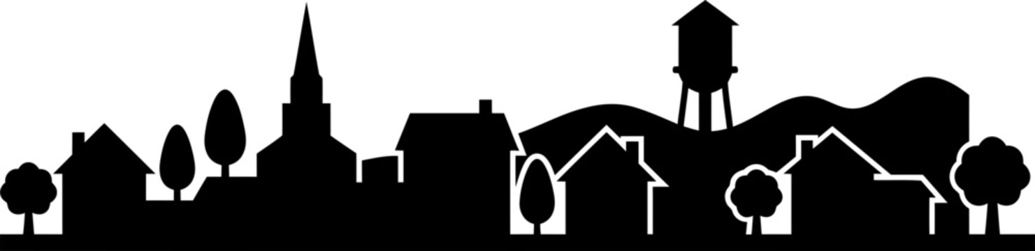 Vector illustration silhouette of a small town with houses, a church, and a water tower, isolated on white background