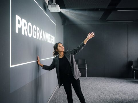 Junge Frau blickt in Untersicht zum leuchtenden Schriftzug Programmieren an der Wand eines dunklen IT-Schulungsraums