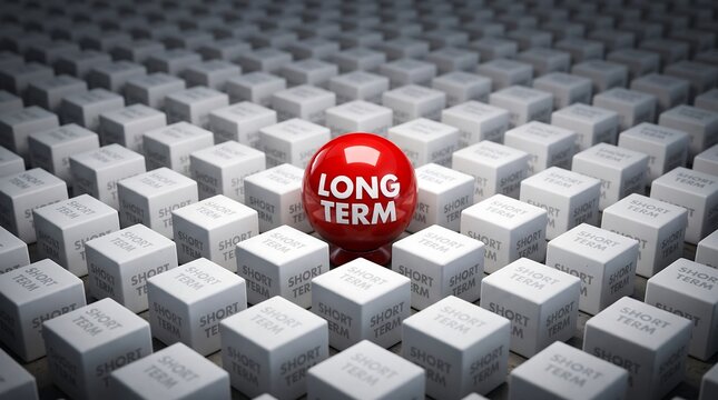 A glossy red sphere labeled "LONG TERM" stands out in a field of white cubes marked "SHORT TERM," representing strategic vision and unique focus.