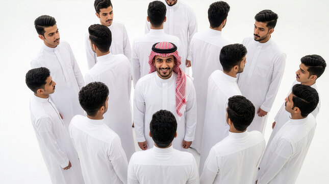 Saudi man standing out from crowd in traditional attire representing leadership and individuality
