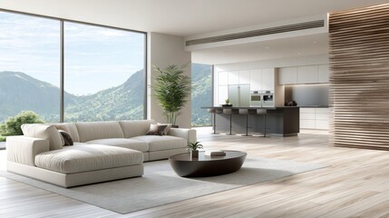 Obraz premium Modern luxury living room with mountain view. Dream home concept.