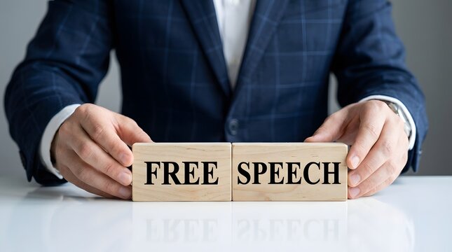 Businessman holding wooden blocks spelling 'Free Speech' on a white table.