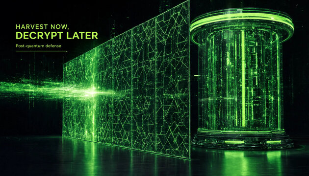 Harvest now decrypt later - Post-quantum defense with green matrix wall and quantum cylinder pillar