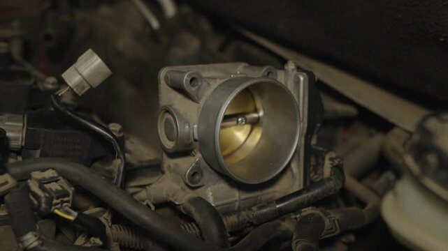 An open metallic car throttle body valve installed in a dusty engine bay.