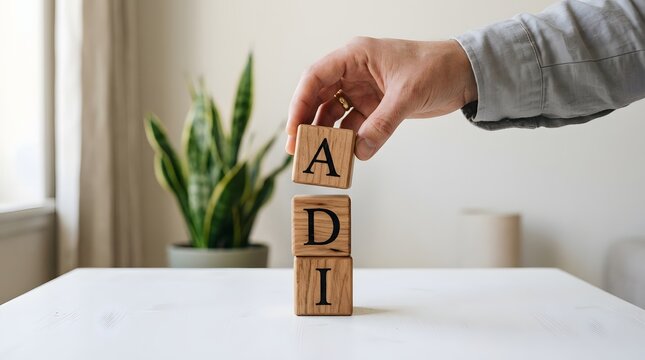 Businessman Stacking Wooden Blocks Spelling ADI on White Desk