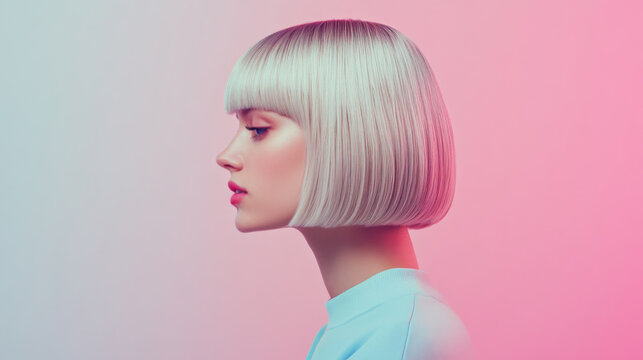 Stylish Woman with Blonde Bob Hairstyle in Profile View