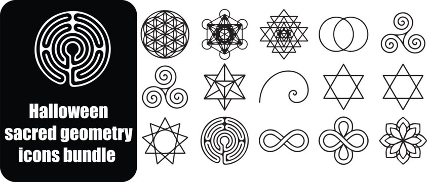Set of 15 outline icons related to sacred geometry - collection of flower of life, metatron cube, sri yantra, vesica piscis, triskelion, star vector elements