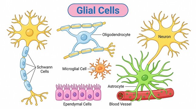 Types of glial cells and neuron medical diagram