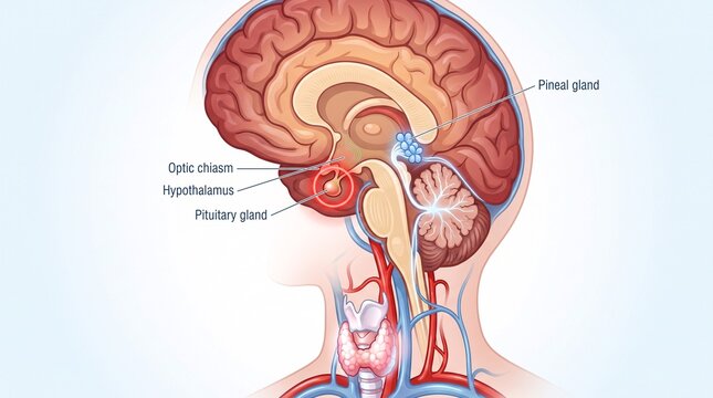 Anatomical cross section of human brain showing endocrine glands