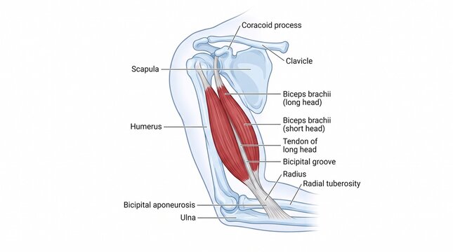 Anatomy of human biceps brachii muscle and upper arm bones
