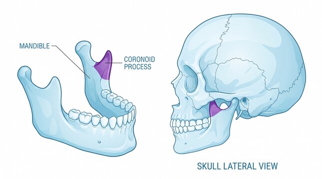 Human skull and mandible lateral view showing coronoid process